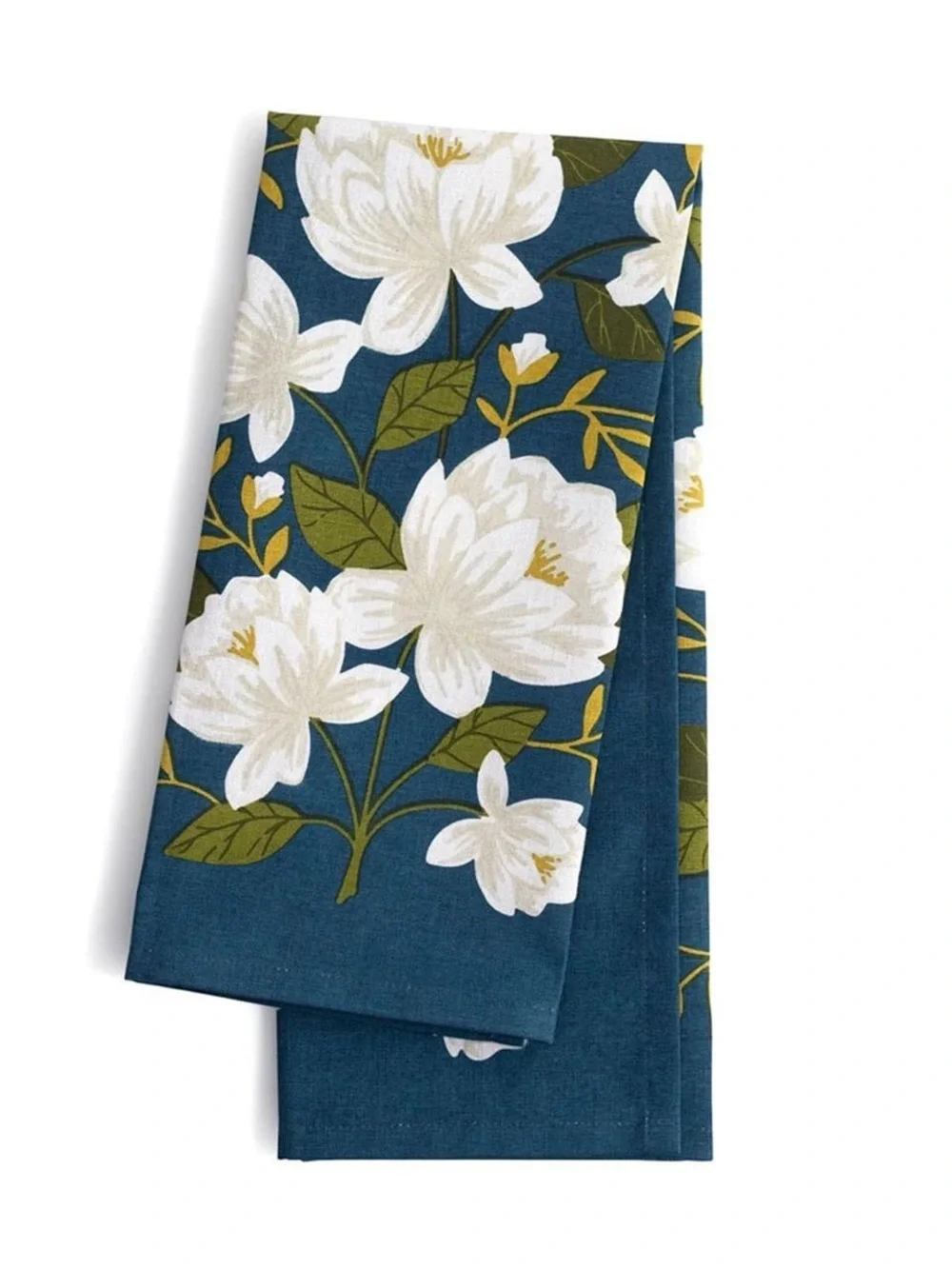 1Canoe2 Cotton Magnolia Floral Tea Towels in Deep Teal with White Blooms